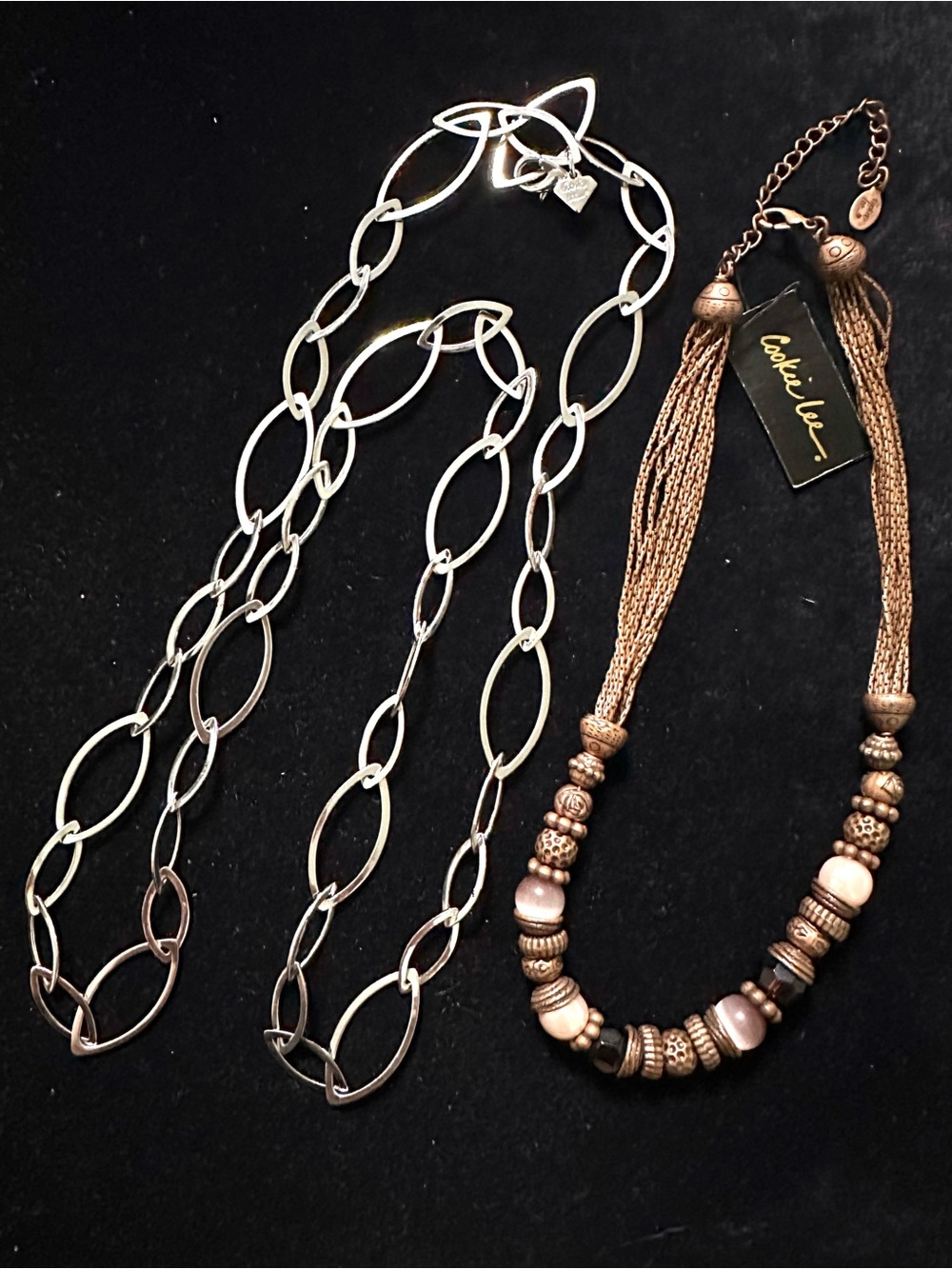 Cookie Lee Silver Tone Oval Chain Necklace & Cat Eye Beaded Necklace Set